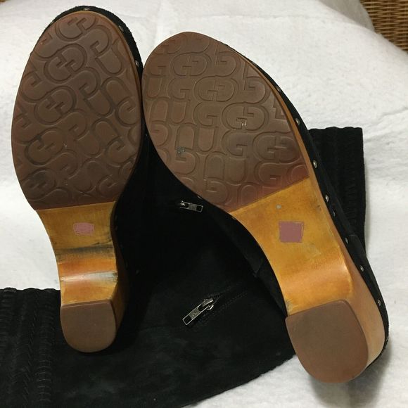 UGG Women's Black Suede Leather Tall Wood Clog Heel Boots-Size 8 - Picture 6 of 8
